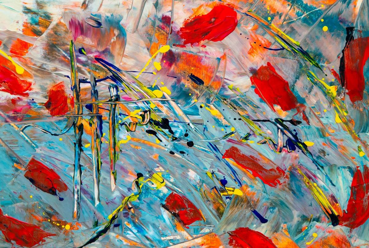 Before: blank beige wall. After: vibrant abstract expressionist triptych with textured layers and dynamic drips