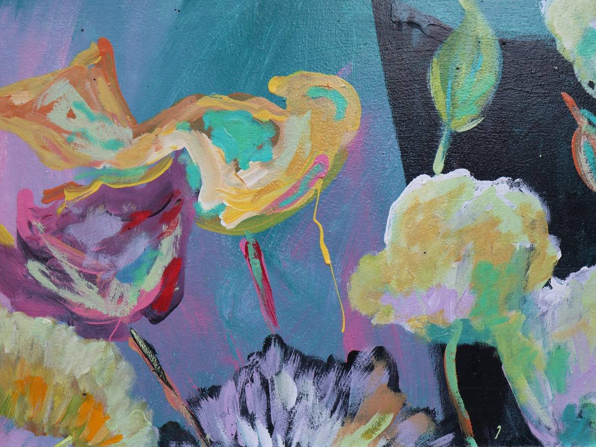 Bold abstract expressionism art flowers on minimalist living room wall